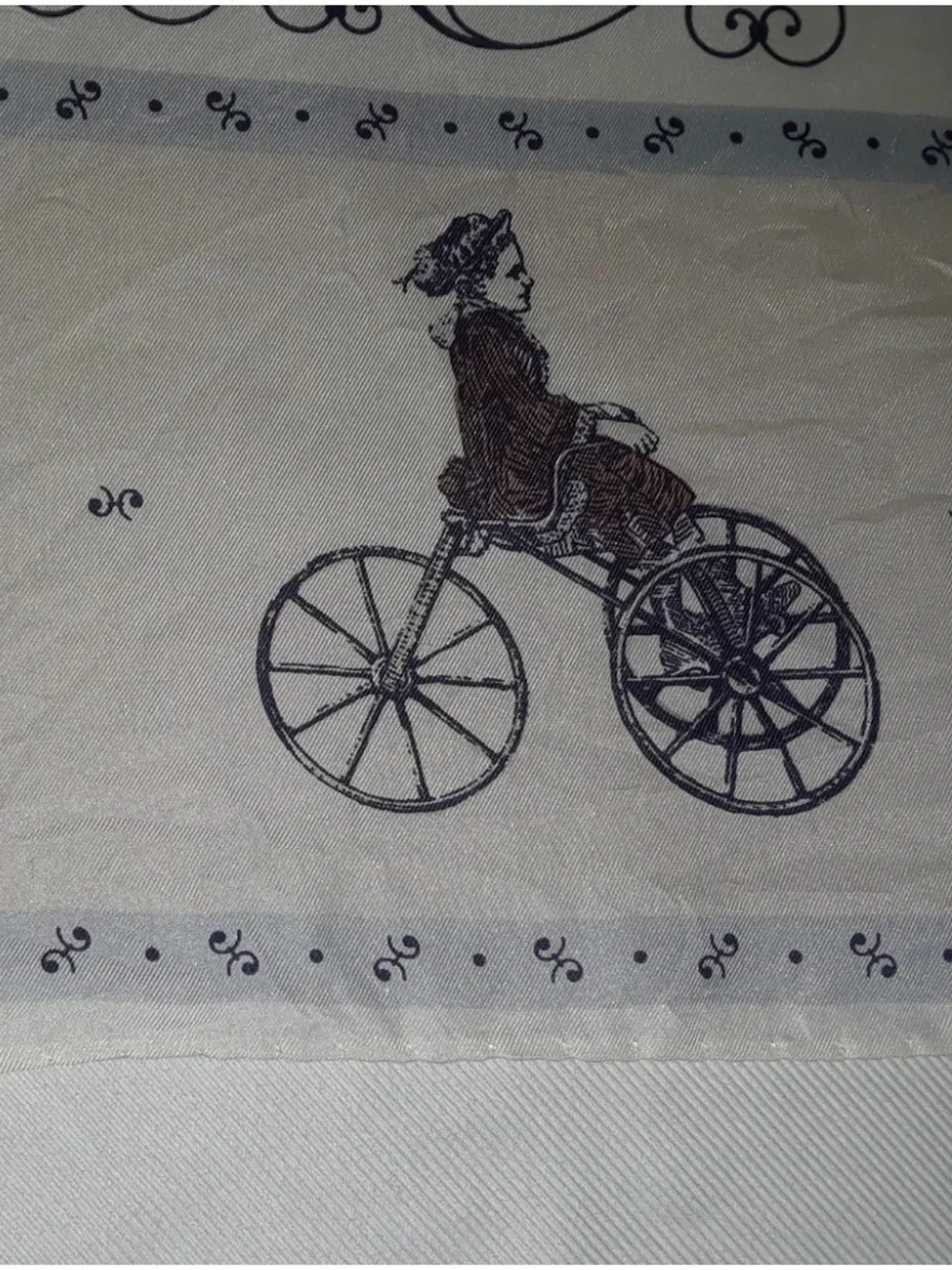 Vintage Laura Ashley Made In Italy 100% Silk Ivory Scarf w/ Black Bicycle Motif
